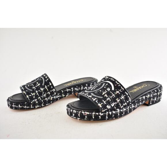 Chanel 20P Black White Tweed Mesh CC Logo Slide Slip Sandal Mule Heel Flat 36.5 - Picture 12 of 14